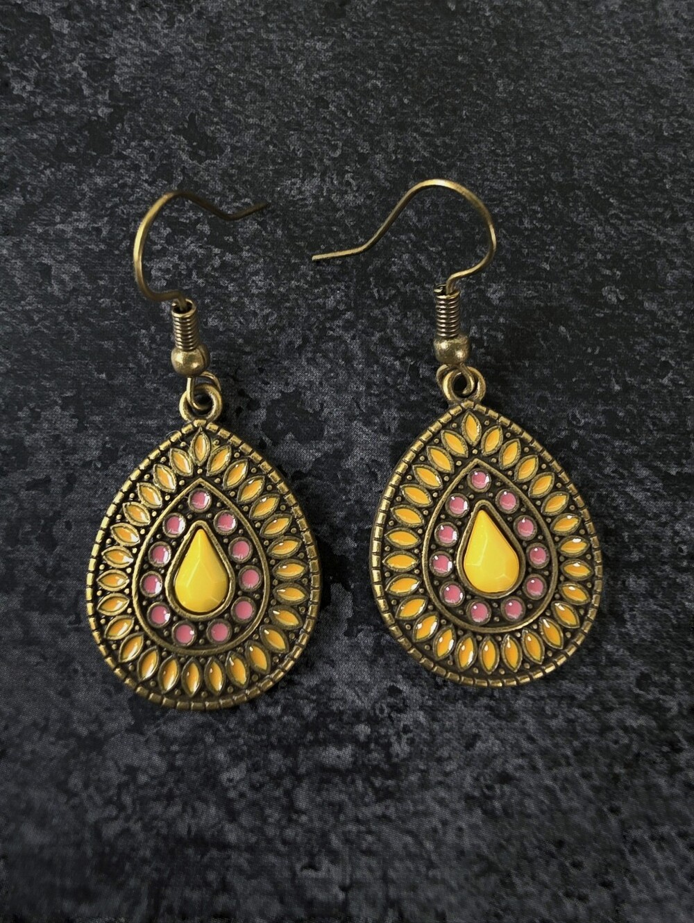 Vintage Bronze Enamel Mandala Dangle Statement Earrings Boho Jewelry Yellow